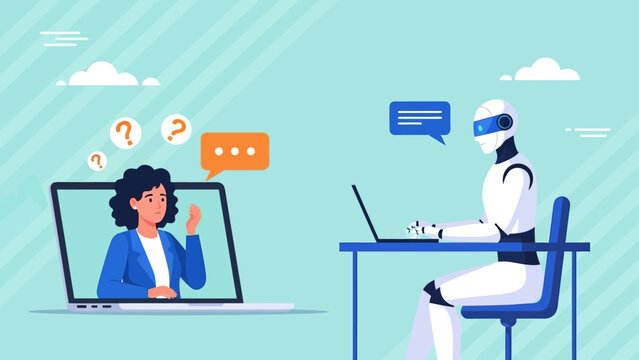 frustrated businesswoman confused by technology talking to robot assistant on laptop