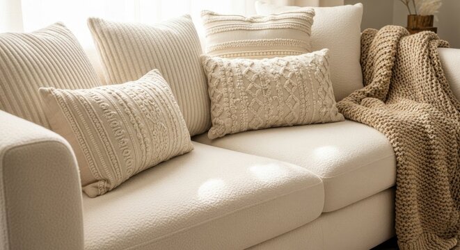 Luxurious Creamy Ivory Chenille Sofa with Textured Cushions for Ultimate Comfort in a Modern Living Room Setting