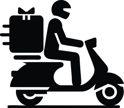 Black silhouette of a delivery rider driving a scooter with a large package on white background