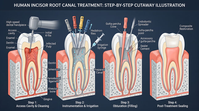 Step by step root canal treatment on human incisor illustration