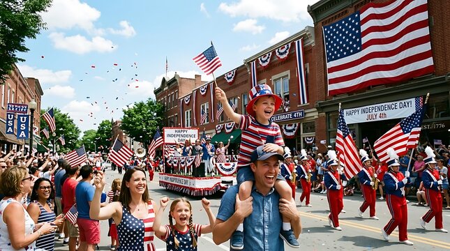 Family enjoys fourth of july independence day parade with excited child.