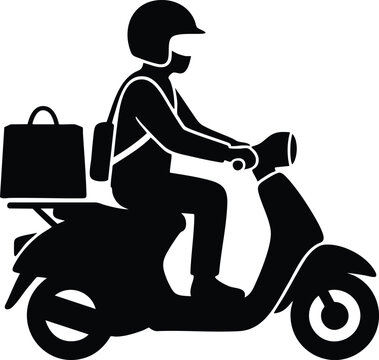 Black silhouette of a delivery rider driving a scooter with a large box on white background