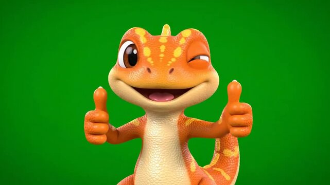 A friendly gecko cartoon character gives a thumbs-up, winking with a cheerful gecko animation on a vibrant green