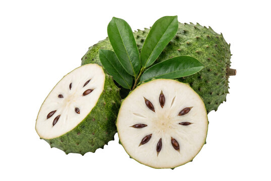 Fresh soursop fruit whole and sliced showing white pulp and seeds with leaves