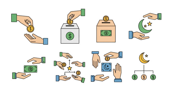 Financial support and donation icons charitable giving and monetary contributions for fundraising