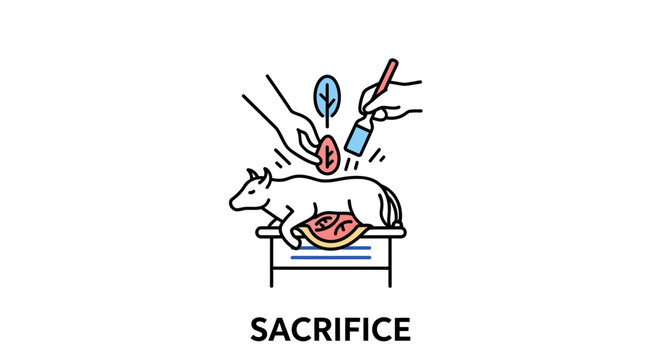 Ritualistic offering of an animal on a platform, symbolizing sacrifice and devotion with symbolic elements