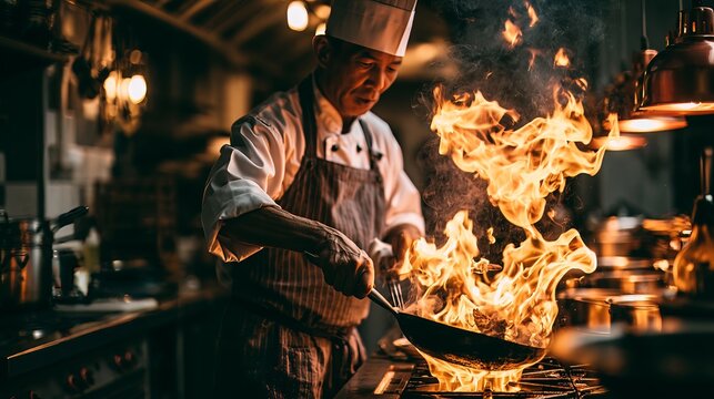 Chef cooks with a fiery pan in restaurant.