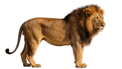 Majestic male lion with full mane standing profile view © Ari