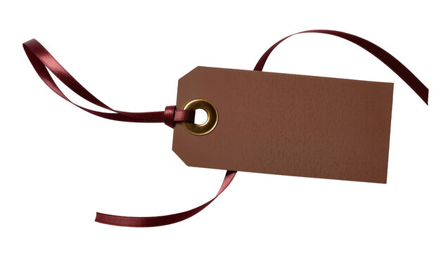 Brown paper tag with burgundy ribbon and brass grommet