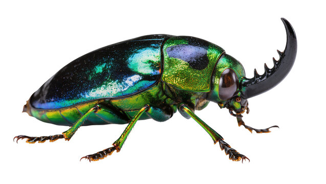 Iridescent green jewel beetle with large black horn