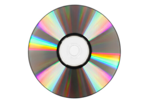 A shiny circular compact disc with a vibrant iridescent rainbow reflection