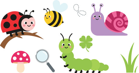Cute garden bug cartoon vector illustration set featuring ladybug bee snail and caterpillar isolated nature collection © MdNazmul