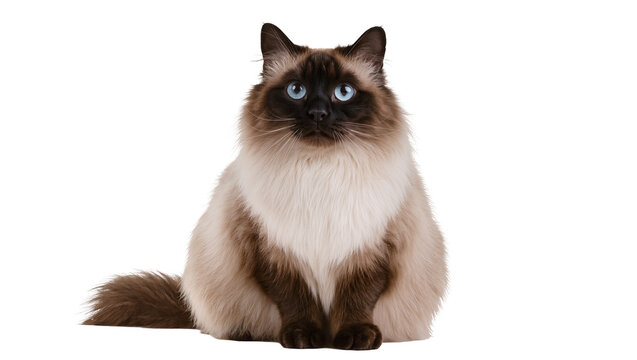Fluffy Ragdoll cat with blue eyes sitting