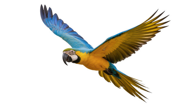 Blue and yellow macaw parrot flying with wings spread