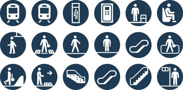 Public, transport wayfinding icons vector, KRL train station symbols in blue circles for transit signage and navigation system design.