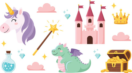 Cute fantasy cartoon vector illustration set featuring unicorn dragon magic wand castle treasure chest and fairy tale elements © MdNazmul
