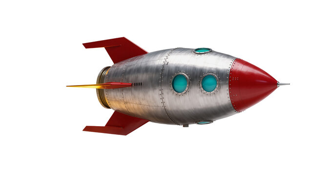 Retro silver rocket with red fins and nose cone, turquoise windows