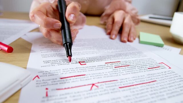 Female editor correcting text on paper with marker near laptop. Professional woman doing document translation and proofreading work at office desk.