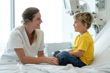 Obraz premium The Nurse Comforting Young Boy During Pediatric Hospital Visit With Warm Smile