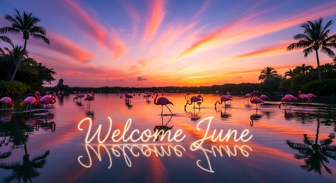 Tropical beach at sunset with palm trees and welcome text.