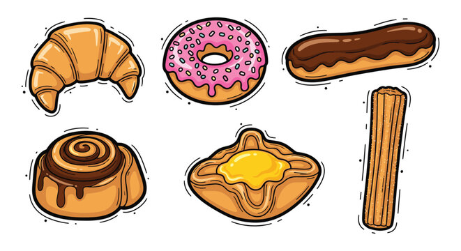 Pastry and Bakery Icon Set &mdash; Croissant Donut Eclair Cinnamon Roll Danish and Churro Cartoon Doodle Vector Illustrations