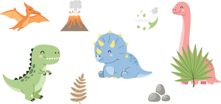 Cute dinosaur cartoon vector illustration set featuring tyrannosaurus triceratops brontosaurus and pterodactyl with prehistoric volcano elements