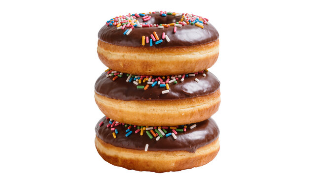 Stack of three chocolate frosted donuts with colorful sprinkles
