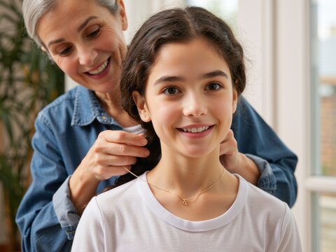Grandmother helping granddaughter wearing new golden necklace gift