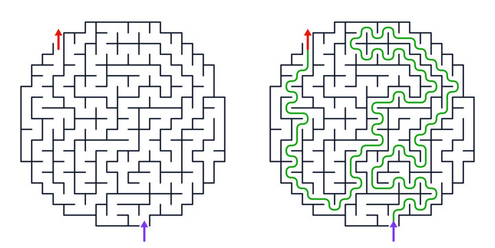 Circular maze design showing starting point and solution path  