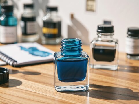 Blue ink bottle standing on desk for creative writing