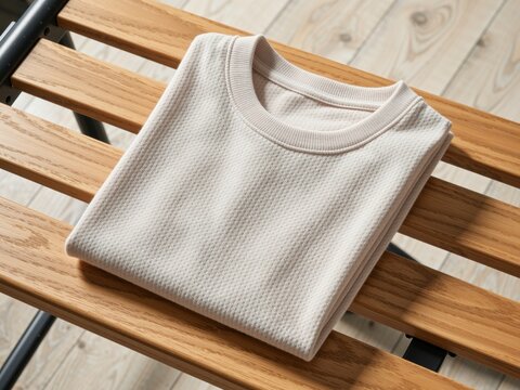 Folded waffle knit long sleeve shirt on wooden rack