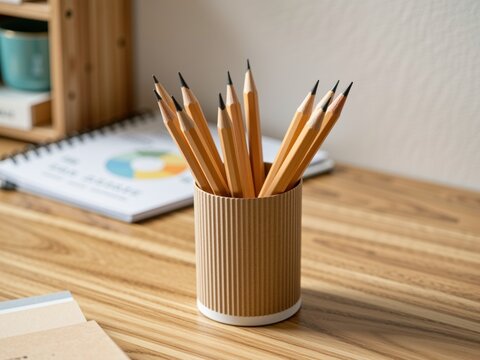 Wooden pencils in corrugated cup holder on a desk