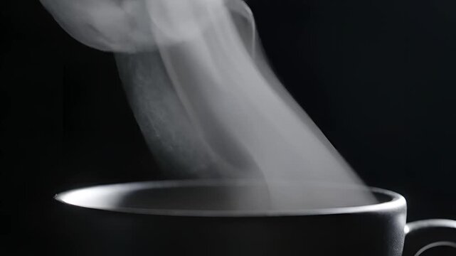 Closeup of steaming hot beverage in a dark mug against a black background.