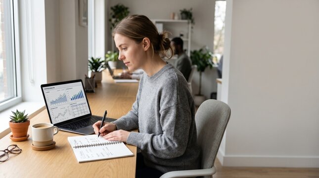 Focused young professional working efficiently on a laptop, analyzing financial data and charts, while meticulously taking notes in a contemporary workspace