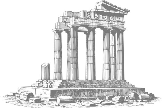 Ancient greek temple ruins with columns and pediment in style