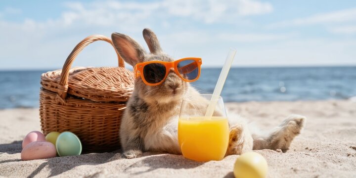 The Rabbit Wearing Sunglasses Relaxing on a Sunny Beach with Juice and Basket