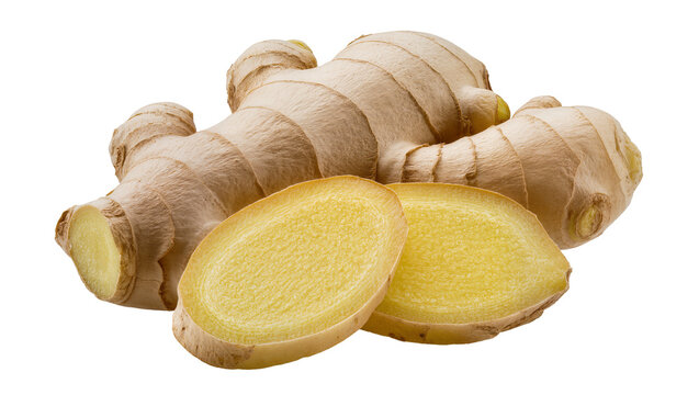 Fresh ginger root with two slices showing yellow flesh