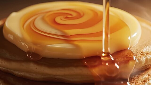 Delicious Golden Syrup Pouring Onto Fluffy Pancakes Closeup.