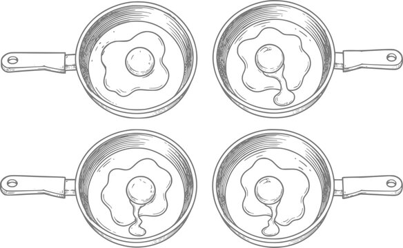 Four frying pans with fried eggs, hand-drawn style