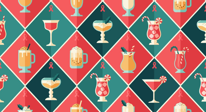 christmas holiday drinks festive beverages winter cocktails seamlessly repeat in a colorful diamond grid pattern perfect for celebration and party backgrounds.