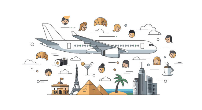 Airplane flying over famous landmarks and travel icons, representing global tourism and adventure