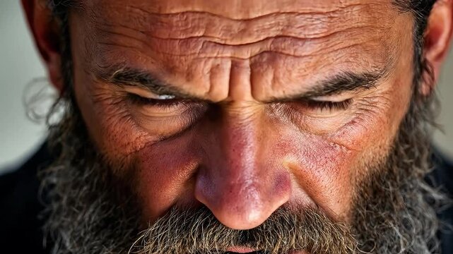 Close-up portrait of a serious, rugged man with a beard and intense eyes.