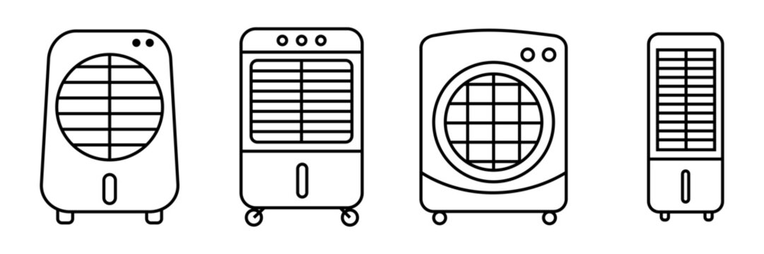 Home cooler icon set, air conditioner and cooling appliance symbols in outline and solid styles. Household electronics, climate control and temperature management graphic design collection