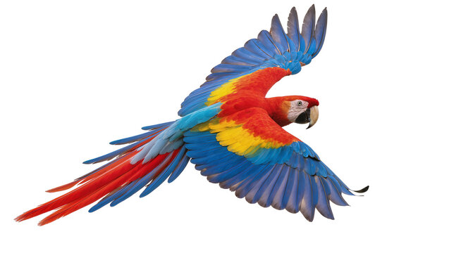 Scarlet Macaw parrot flying with colorful wings spread