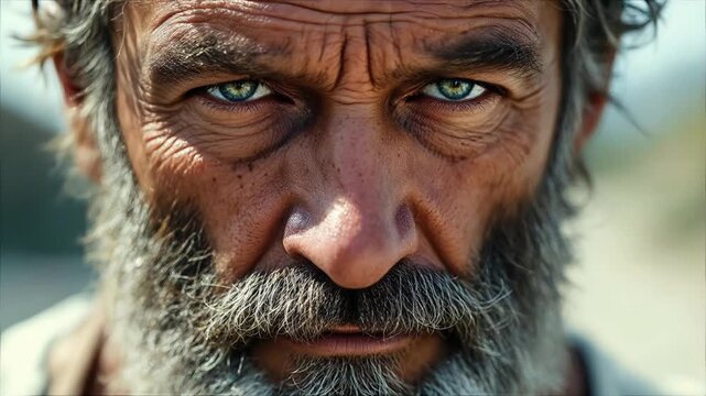 Close-up portrait of a weathered man with intense blue eyes and a beard.