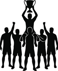 Fototapeta premium Soccer Player Riding Shoulders Holding Trophy High Silhouette