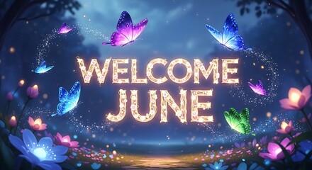 Colorful welcome june greeting with cosmic space theme.