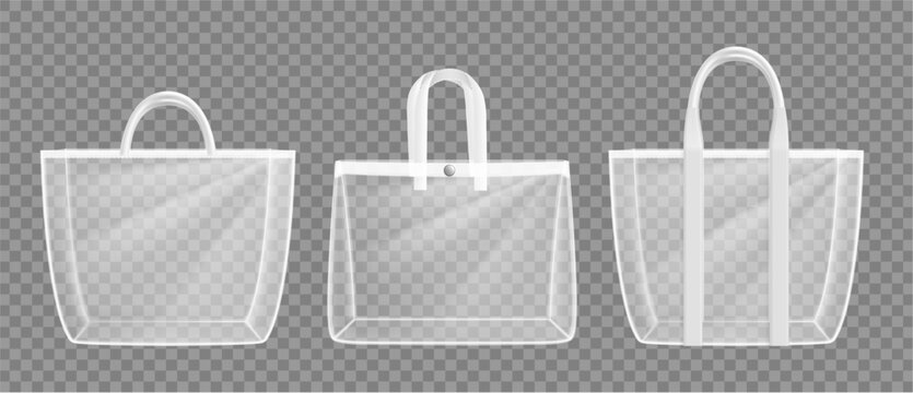 Trapezoid clear bag mockups with transparent surface and handles. Vector realistic modern packaging design. Branding, retail display and product visualization. Layouts and promotional materials