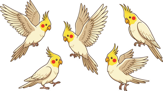 Cute cockatiel cartoon vector illustration set featuring adorable parrot bird poses flying and perched isolated pet collection