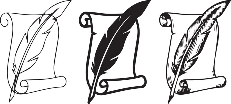 Vintage quill pens and scrolls set black and white illustration